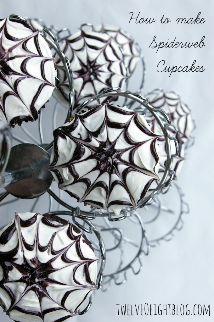 How To Make Spiderweb Cupcakes via twelveOeightblog.com 