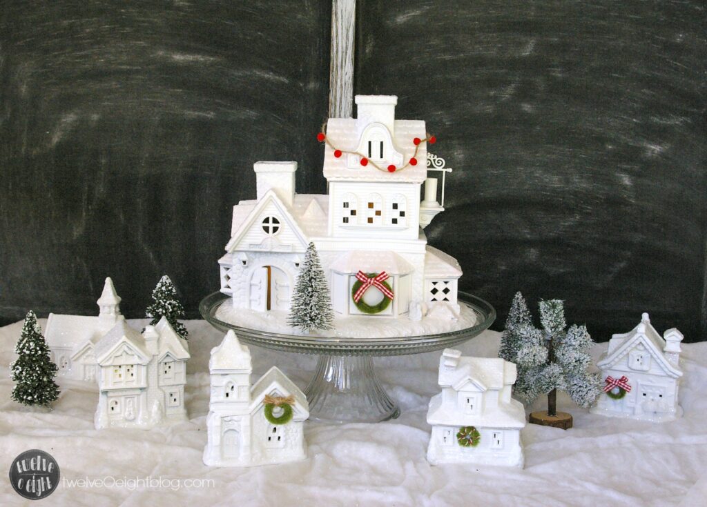 How to make a Christmas Village #glitterhouses #putz #ChristmasVillage #diy #twelveOeightblog