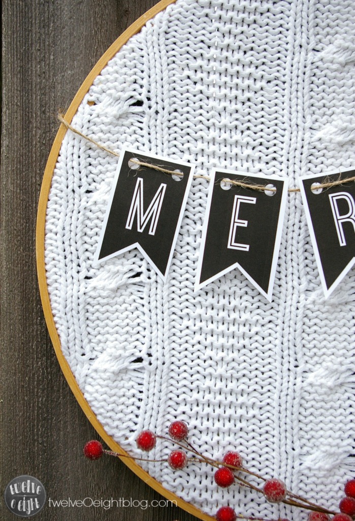 Upcycled Embroidery Hoop Wreath twelveOeight.com #embroideryhoop #wreath #diy #Christmas #freeprintable #sweaterwreath #upcycle #twelveOeightblog