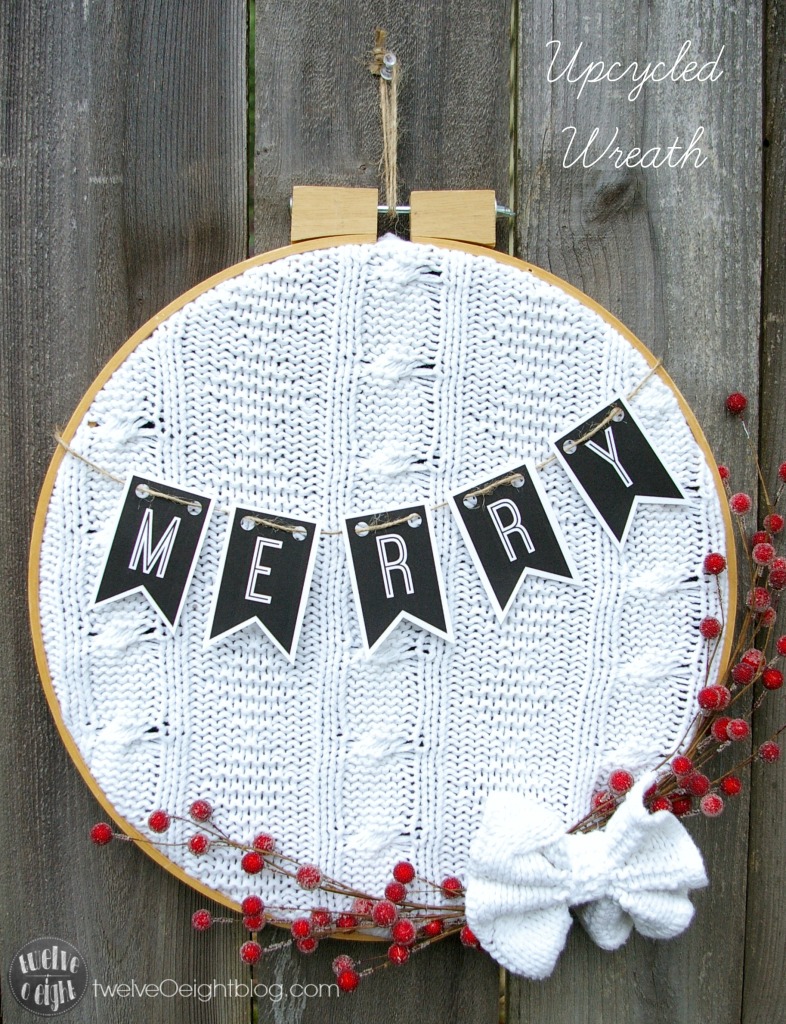 Upcycled Embroidery Hoop Wreath twelveOeightdiy #diywreath #upcycle #sweaterwreath #embroideryhoop #twelveOeightblog