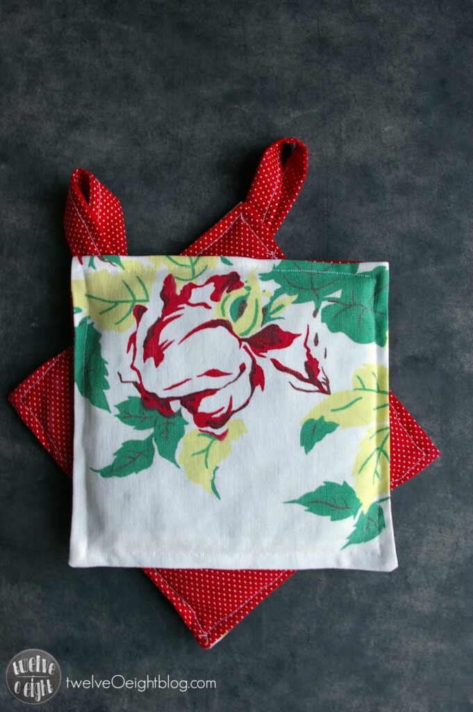 How to make upcycled potholders twelveOeightblog.com #potholder #upcycled #sewing #diy #twelveOeightblog